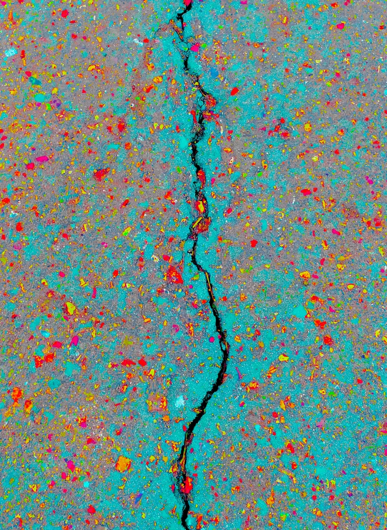 Eine bunt bemalte Straße mit einem tiefen Riss.