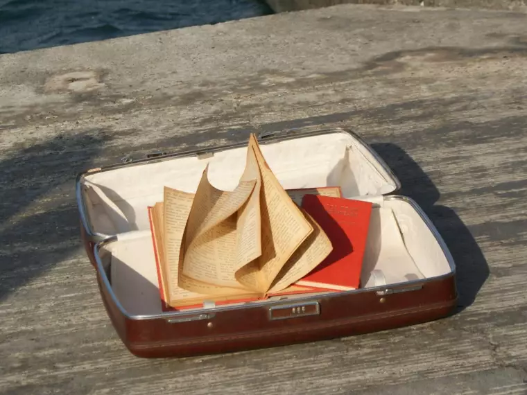 Offener Koffer mit zwei Büchern, von denen eines aufgeschlagen ist.