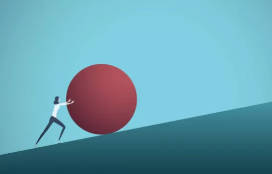 Eine Grafik von einer Frau vor blauem Horizont, die eine übergroße dunkelrote Kugel eine dunkelblaue Steigung hinaufschiebt. 