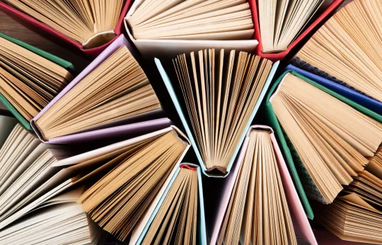 Mehrere leicht geöffnete Bücher in der Draufsicht fotografiert.