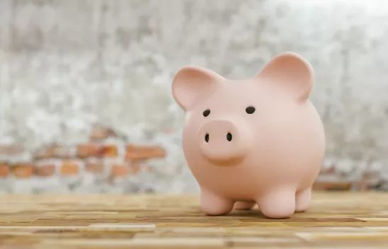 Ein rosafarbenes Sparschwein steht auf einem Holzboden vor einer Steinwand.