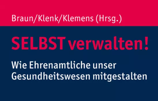 Ein Buchcover, welches im oberen Drittel roten und im unteren Drittel dunkelblauen Hintergrund hat. Der Titel "SELBST verwalten!" steht in pink auf Dunkelblau.  