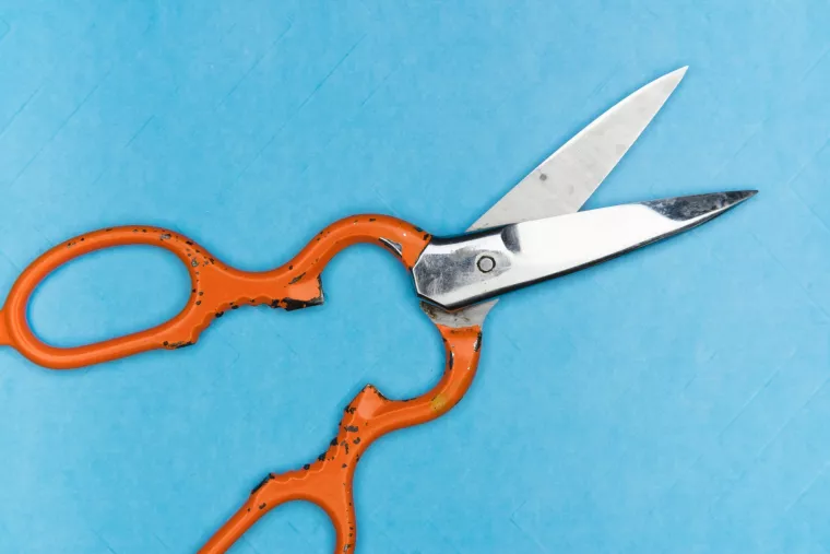 Eine geöffnete Schere mit orangefarbenen Griff liegt auf einer blauen Fläche.