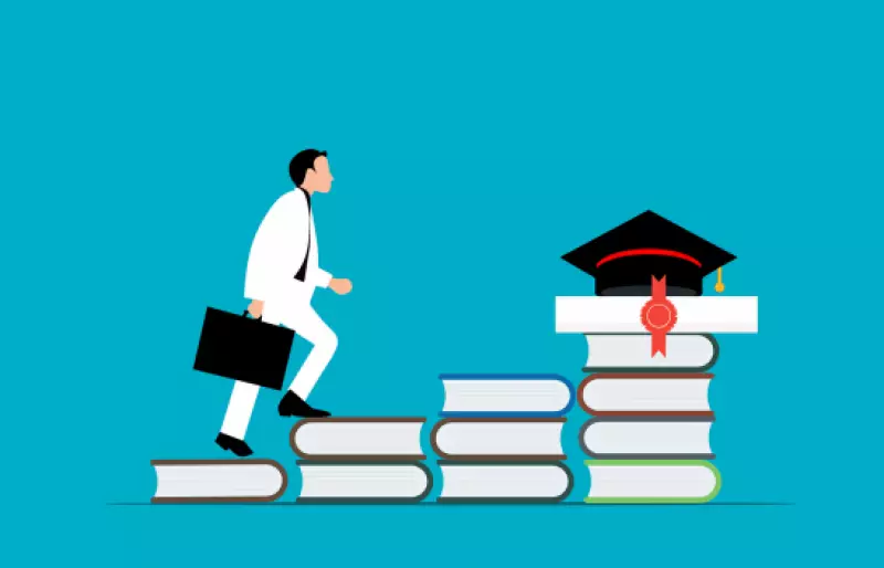 Illustration einer Person, die eine Treppe aus Büchern hinaufgeht, am oberen Ende der Treppe liegt ein Doktorhut