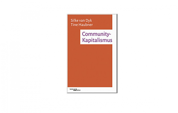 Ein einfarbiges orangenes Buchcover. Auf einem weißen Feld steht in lilafarbener Schrift der Titel "Community-Kapitalismus".
