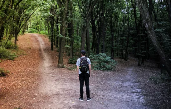 Jugendlicher steht an einer Weggabelung im Wald.