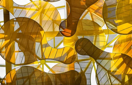 Mit transparentem, gelben Stoff bespannte organische Figuren vor einer Glaswand.