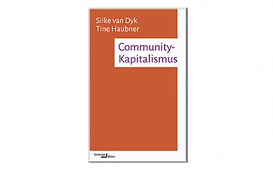 Ein einfarbiges orangenes Buchcover. Auf einem weißen Feld steht in lilafarbener Schrift der Titel "Community-Kapitalismus".