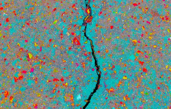 Eine bunt bemalte Straße mit einem tiefen Riss. Eine bunt bemalte Straße mit einem tiefen Riss.