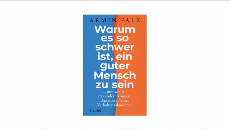 Ein Buchcover, welches längs zur Hälfte blau und orange ist. Oben steht der Name des Autor "Armin Falk" in schwarzer Schrift. Darunter in großer, weißer Schrift der Titel "Warum es so schwer ist, ein guter Mensch zu sein". 