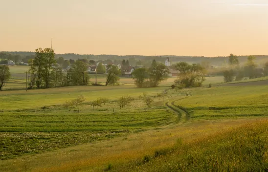 Feld und Wiesen. Am Horizont ein Dorf mit Kirche.