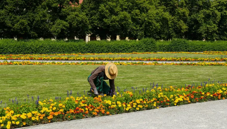 Eine Person arbeitet am Beet einer Grünanalage.